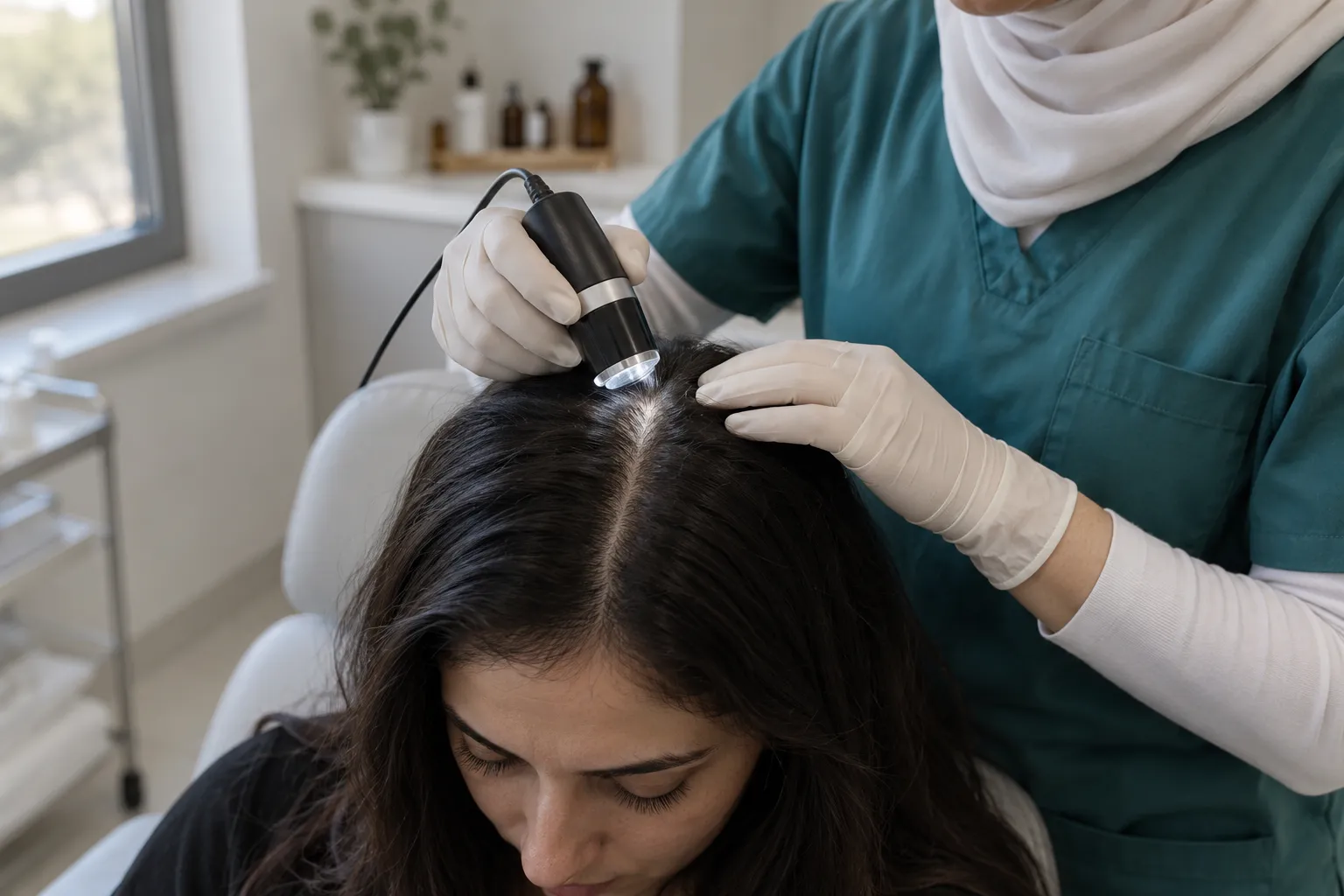 أخصائية تفحص فروة الراس بجهاز تحليل الشعر، علاج تساقط الشعر في سكين لاب نابلس